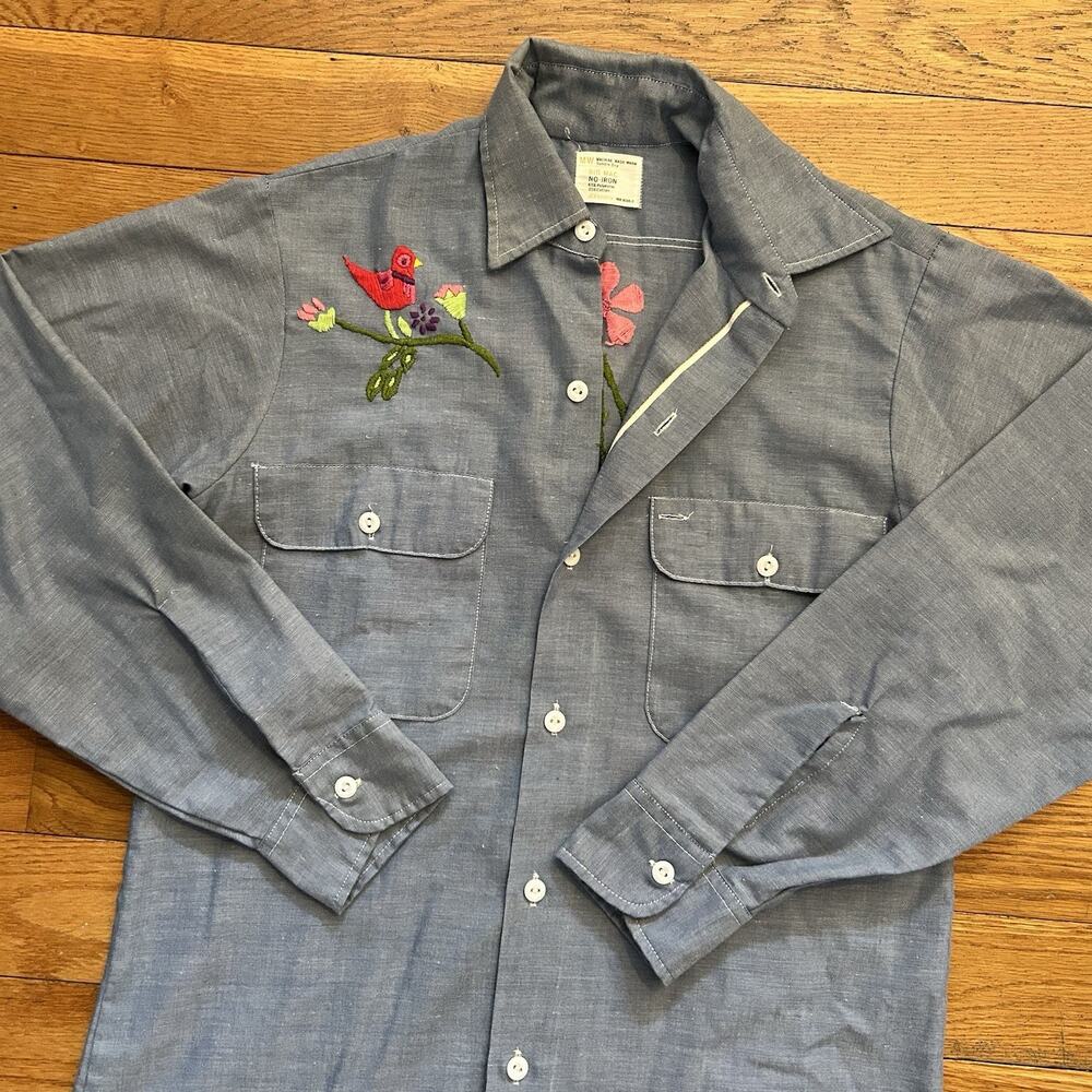 Vintage 60s 70s Big Mac Selvedge Chambray Floral Embroidered Button Up Shirt S